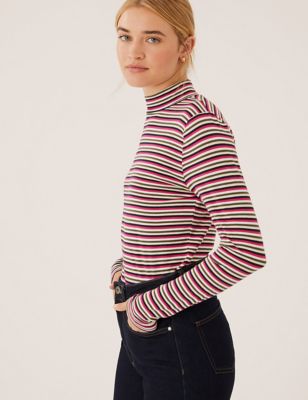 Cotton Rich Striped Funnel Neck Fitted Top