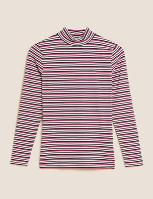 Cotton Rich Striped Funnel Neck Fitted Top