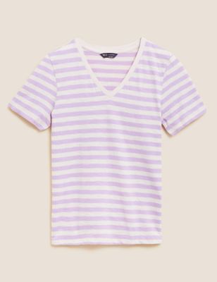 Pure Cotton Striped V-Neck T-Shirt