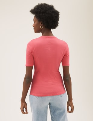 BWNT M&S PINK T.SHIRT WITH THIN WHITE STRIPES SCOOPED NECKLINE & SHORT SLEEVES 