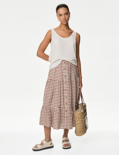 Cotton Rich Gingham Ruffle A Line Midi Skirt M S Collection M S