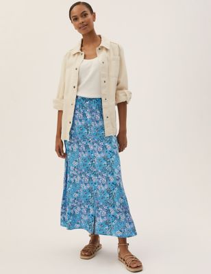 Printed Button Front Midi A-Line Skirt