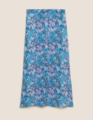 Printed Button Front Midi A-Line Skirt