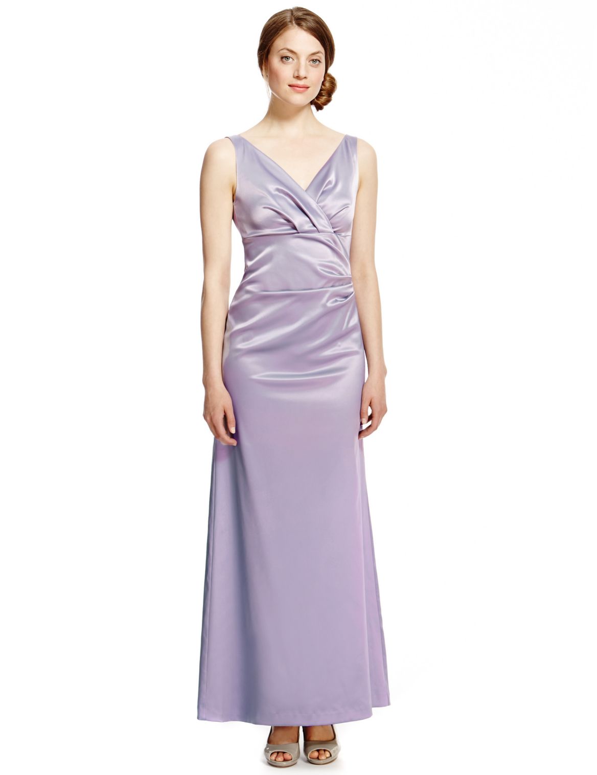 V-neck Pleated Waist Satin Maxi Bridesmaid Dress Online Only Dusted ...
