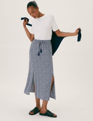 Printed Textured Side Split Midi Skirt
