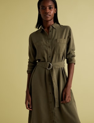 women's belted midi shirt dress with pocket