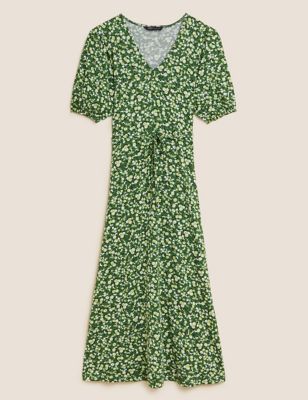 Jersey Floral V-Neck Midi Tea Dress