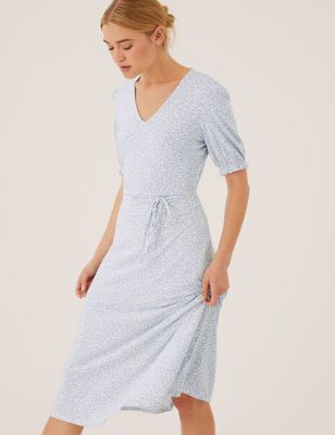 Jersey Printed V-Neck Midi Tea Dress