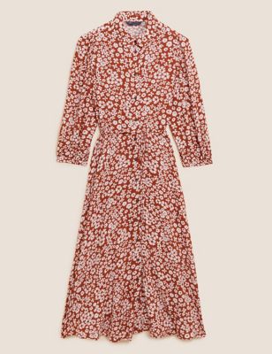 Floral Tie Waist Midi Shirt Dress