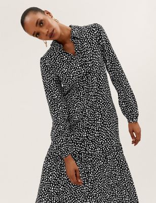 Printed Collared Midi Relaxed Tiered Dress