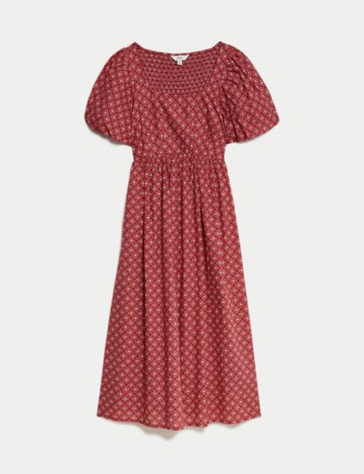 Pure Cotton Printed Square Neck Midi Waisted Dress, M&S Collection
