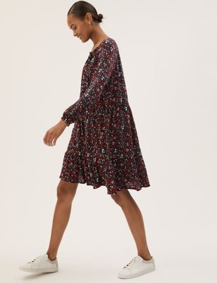 Floral Round Neck Knee Length Tiered Dress