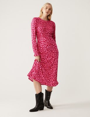 Jersey Animal Print Shirred Midi Dress