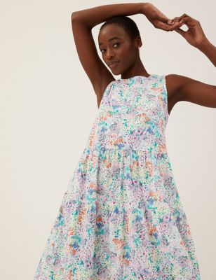 Pure Cotton Floral Midaxi Tiered Dress