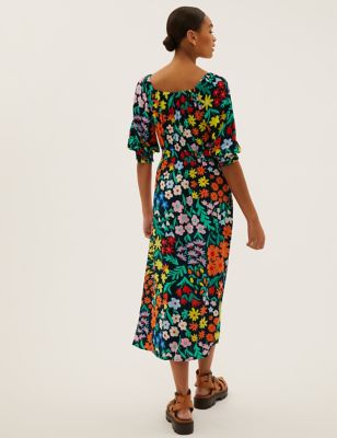 M&S Black Multi Floral shift Dress Size 24