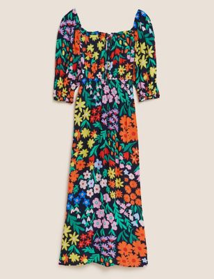Floral Tie Neck Midi Waisted Dress