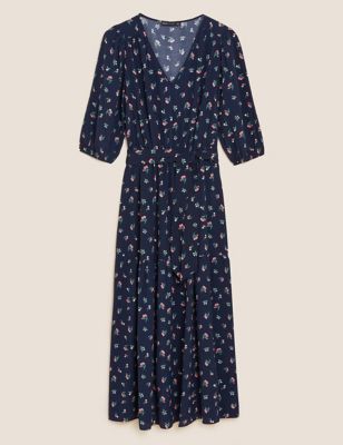 Floral Tie Front Puff Sleeve Midi Dress