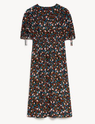 Printed V-Neck Tie Detail Midi Tea Dress