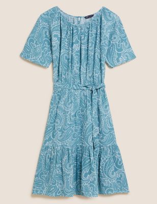Paisley Round Neck Belted Mini Tiered Dress