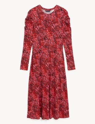 Jersey Printed Ruched Sleeve  Midi Dress