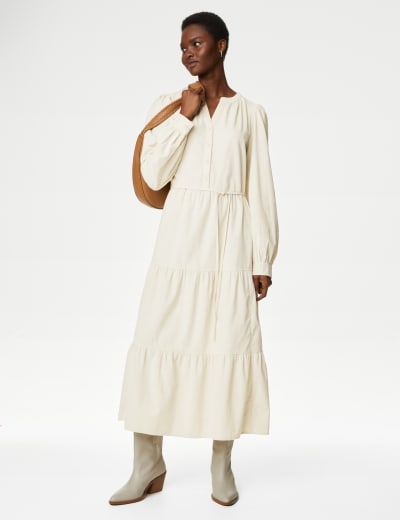 Pure Cotton Cord Belted Midi Tiered Dress M S Collection M S