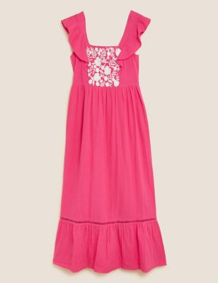 Pure Cotton Embroidered Midaxi Column Dress