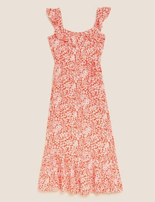 Floral Square Neck Midi Waisted Dress