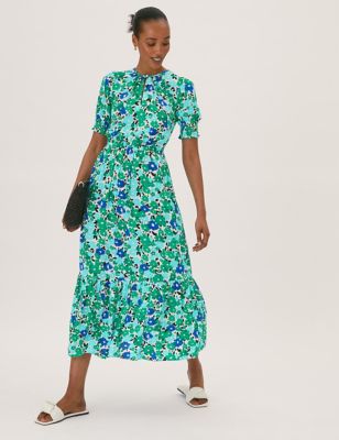 Floral V-Neck Tie Front Midi Tiered Dress