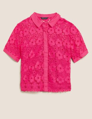 Lace Collared Short Sleeve Shirt