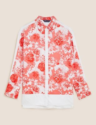 Floral Collared Long Sleeve Longline Shirt