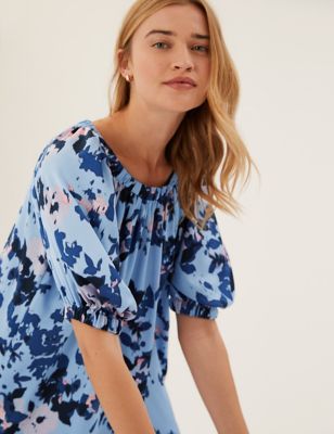 Floral Round Neck Short Sleeve Blouses