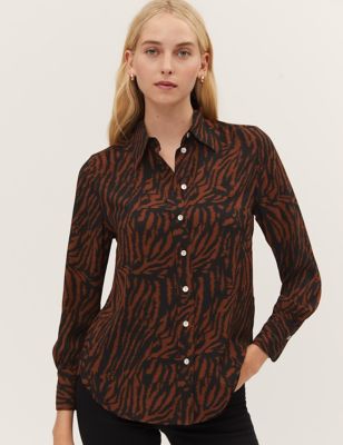 Animal Print Collared Long Sleeve Shirt