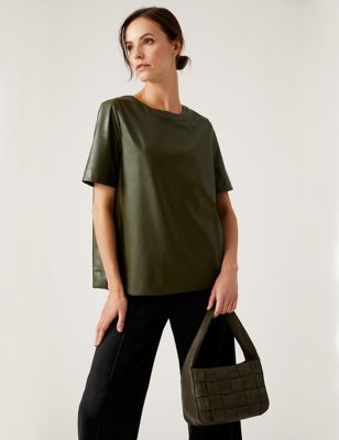 Faux Leather Round Neck Short Sleeve Top