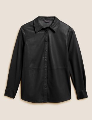 Faux Leather Collared Long Sleeve Shirt