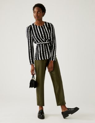 Striped High Neck Tie Front Puff Sleeve Top
