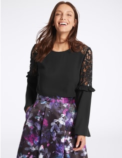 T43/6417: Lace Insert Ruffle Sleeve Blouse