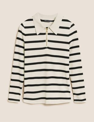 Striped Ribbed Collared Fitted Top