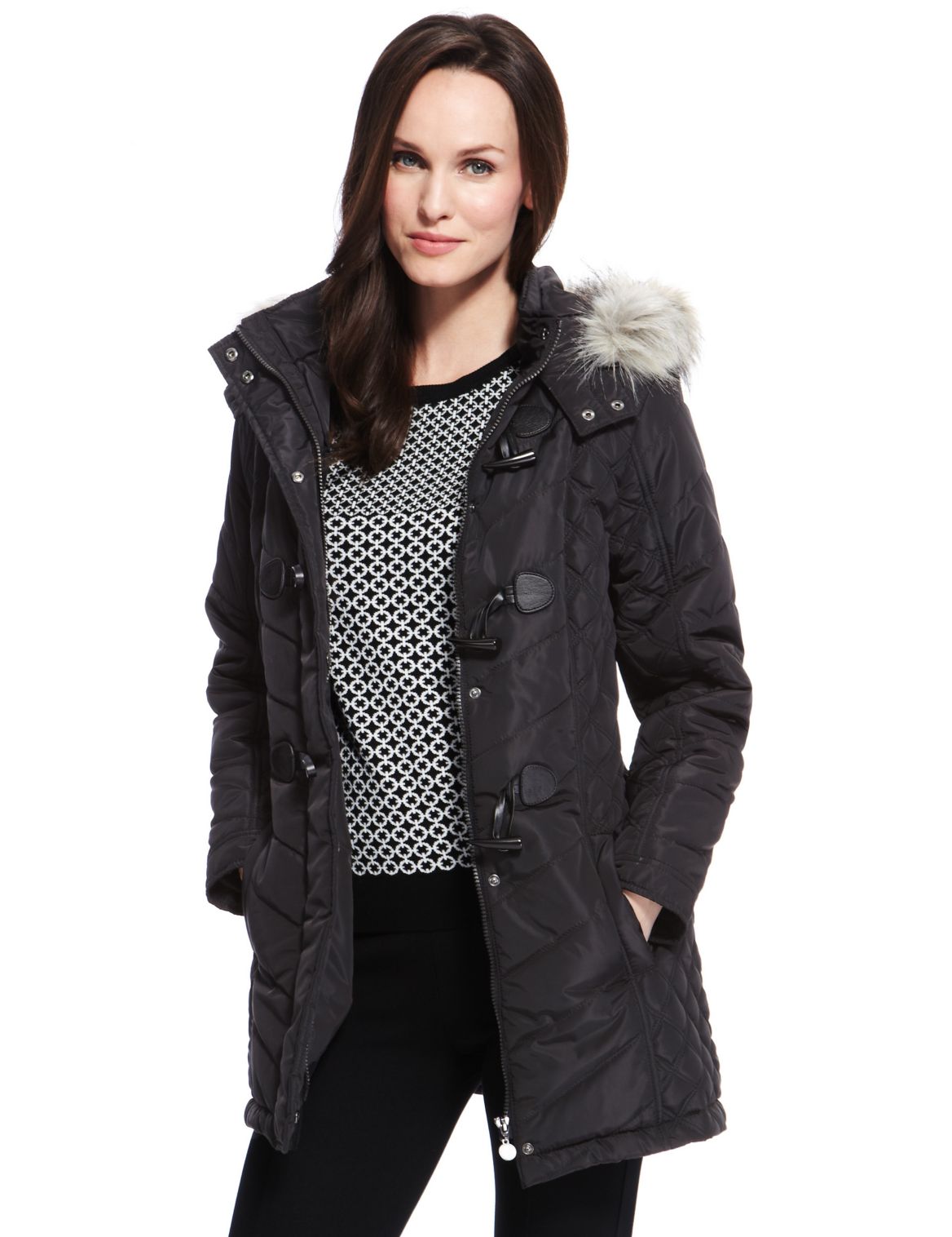 Faux Fur Hooded & Quilted Duffle Coat With Stormwearâ ¢ Black | Voova