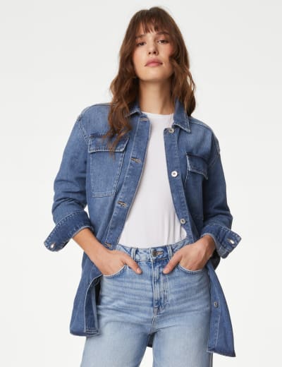 Longline denim discount jacket with fur