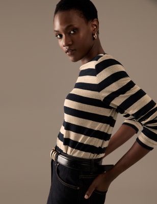Pure Linen Striped Round Neck Top