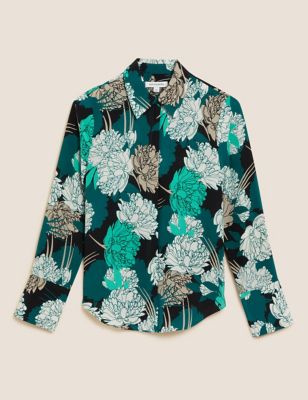 Pure Silk Floral Collared Long Sleeve Shirt