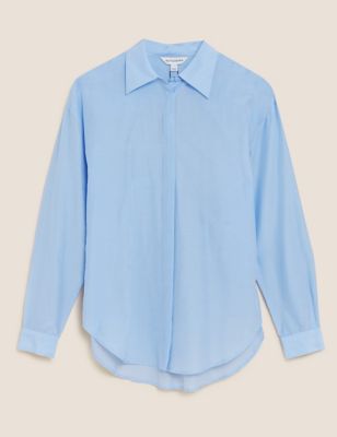 Silk Blend Collared Long Sleeve Shirt