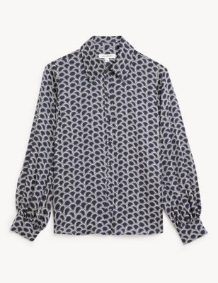 Satin Printed Collared Blouson Sleeve Shirt