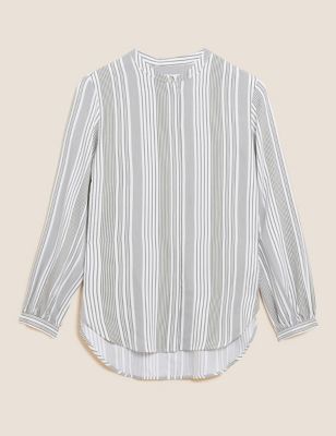 Striped Collarless Long Sleeve Blouse