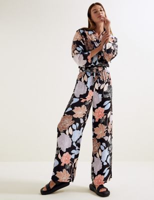 Floral Elasticated Waist Wide Leg Trousers