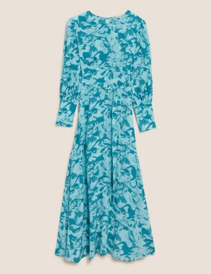 Cupro Rich Floral Round Neck Waisted Maxi Dress
