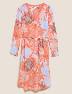 Pure Silk Floral V-Neck Midi Shift Dress