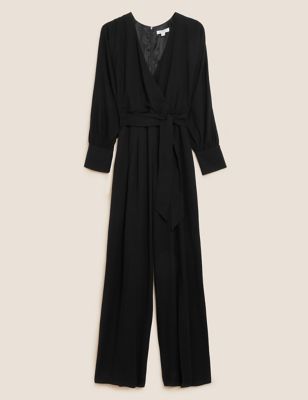 Belted Long Sleeve Wrap Jumpsuit With Wool