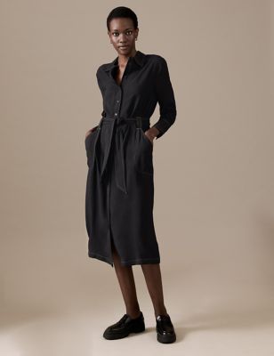Belted Button Front Midi Shirt Dress