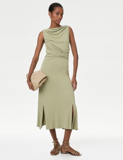Jersey Cowl Neck Ruched Midi Bodycon Dress, M&S Collection